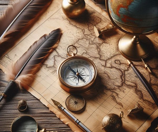 a map on a table with a compass sitting on the map